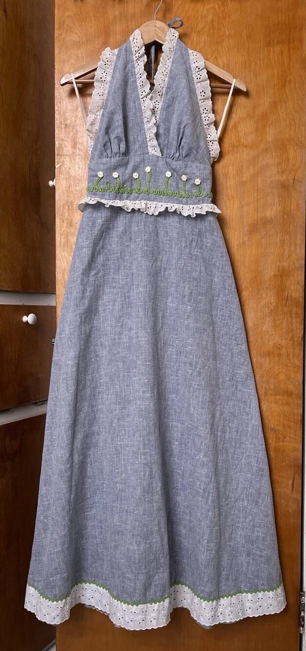 Vintage 70s PBJ Halter Maxi Dress Prairie Hippie Floral Embroidered Sz 11 M Boho